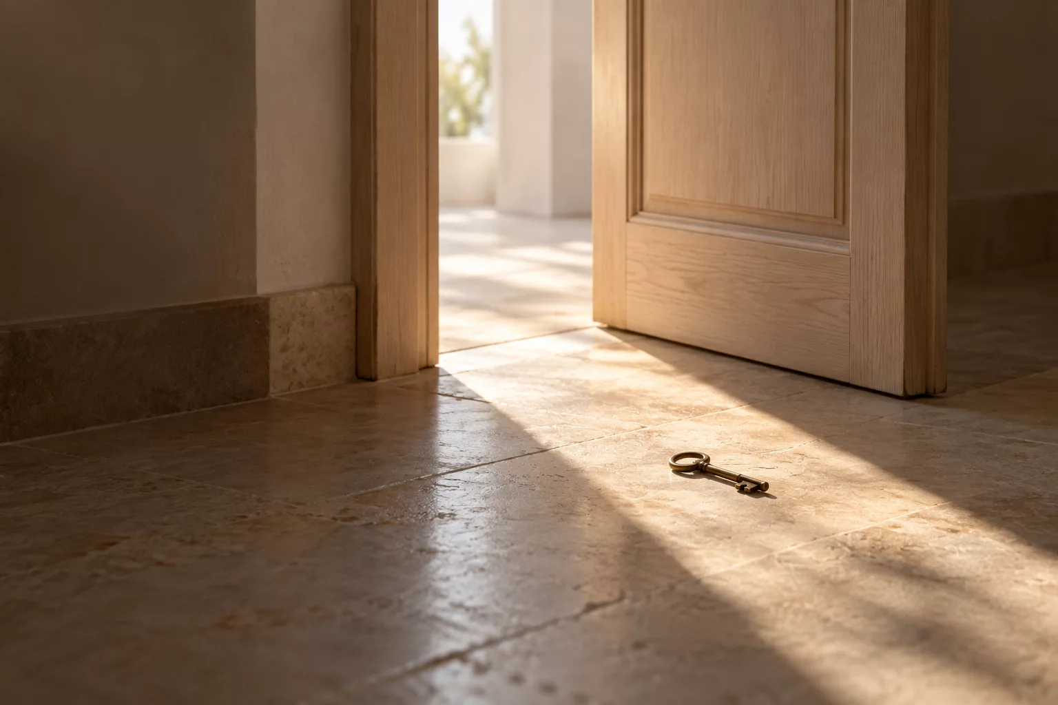 Porte entrouverte laissant passer un rai de lumière vers une clé posée au sol.