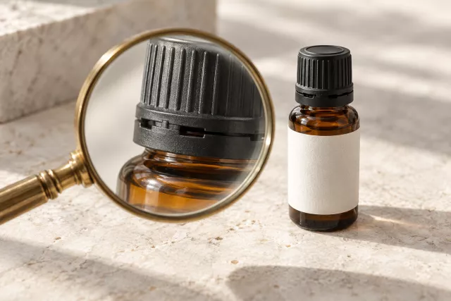 Flacon ambré fermé, étiquette neutre et loupe sur une table claire.