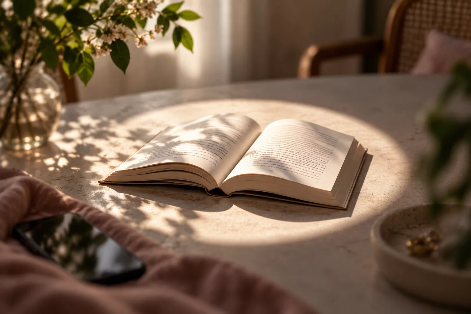 Un livre éclairé au centre tandis que plusieurs objets restent flous en périphérie.