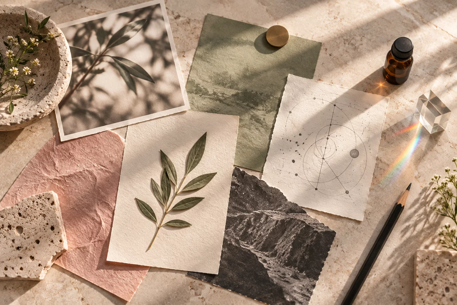 Fragments de papier, feuilles, flacon ambré, prisme et crayon composés comme une table d’inspiration.