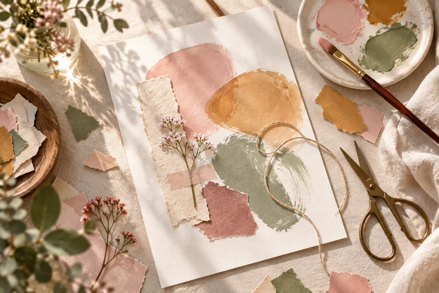 Page créative composée de formes colorées, papiers découpés et fleur pressée.
