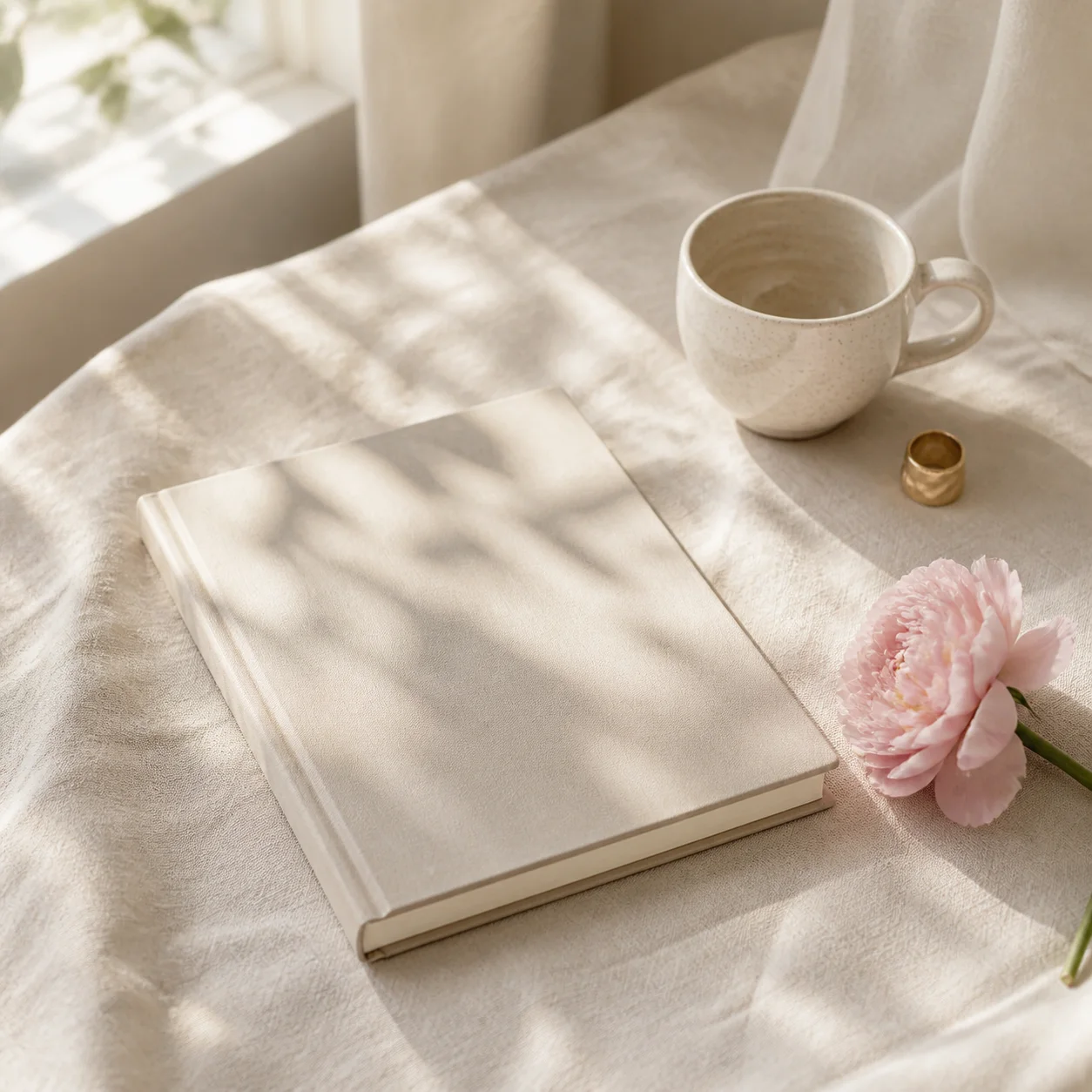 Carnet ivoire, tasse en céramique et fleur rose dans la lumière du matin