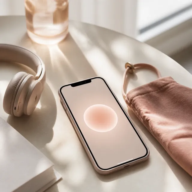 Téléphone, casque audio et pochette rose posés sur une table claire